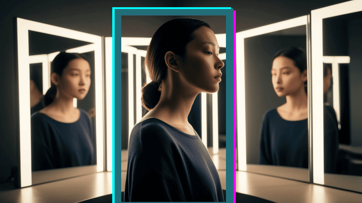 Woman Looking in Illuminated Vanity Mirror