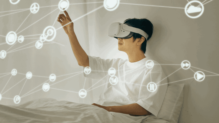 Man Using Virtual Reality Headset in Bed with Interactive Interface