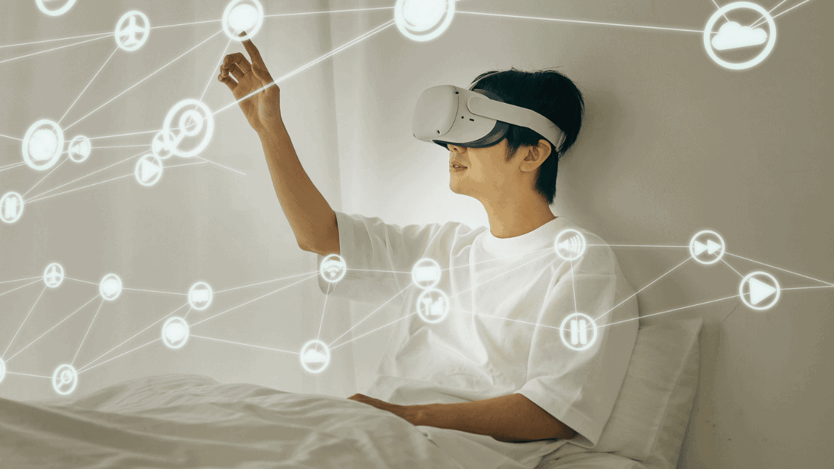 Man Using Virtual Reality Headset in Bed with Interactive Interface