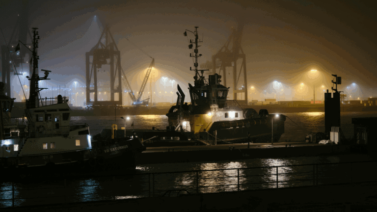 Foggy Night at Port with Ships