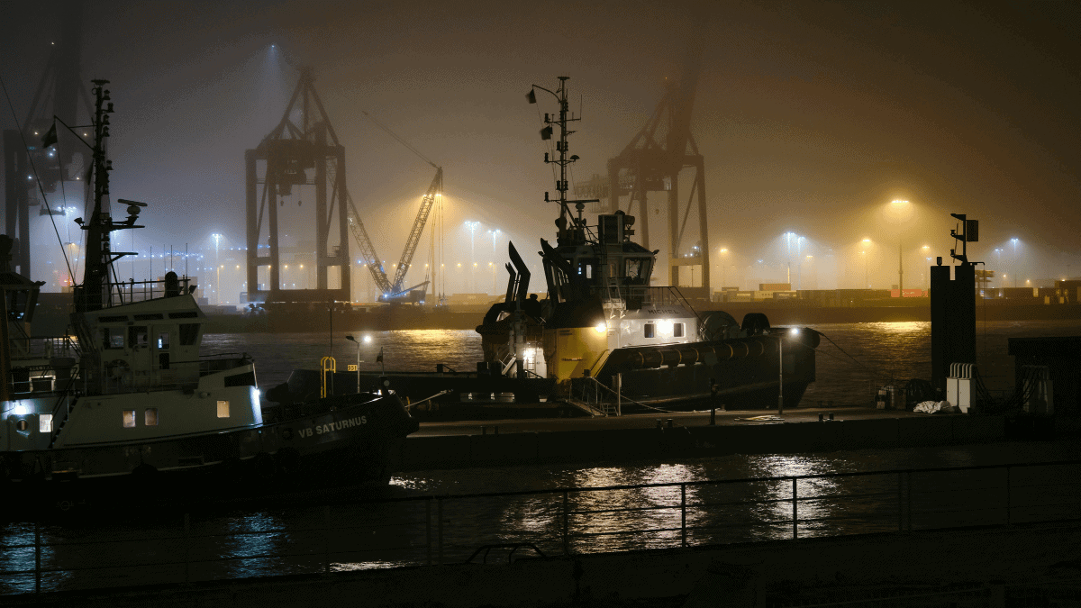 Foggy Night at Port with Ships