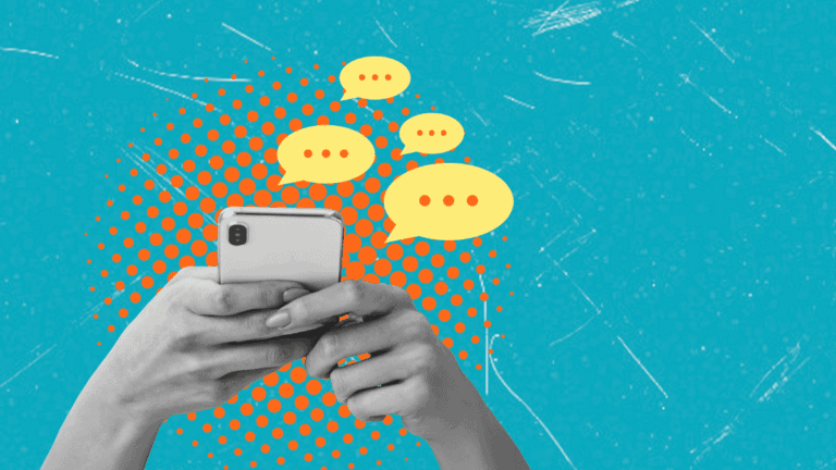 Hands holding a smartphone with chat bubbles against a blue background in an art collage style