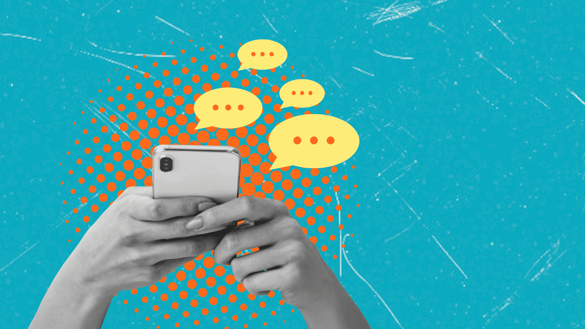 Hands holding a smartphone with chat bubbles against a blue background in an art collage style