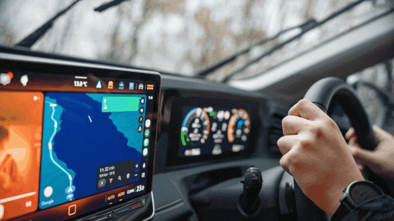 Driving with GPS navigation on car dashboard