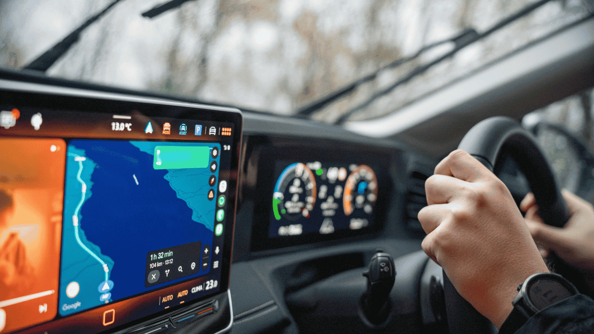 Driving with GPS navigation on car dashboard
