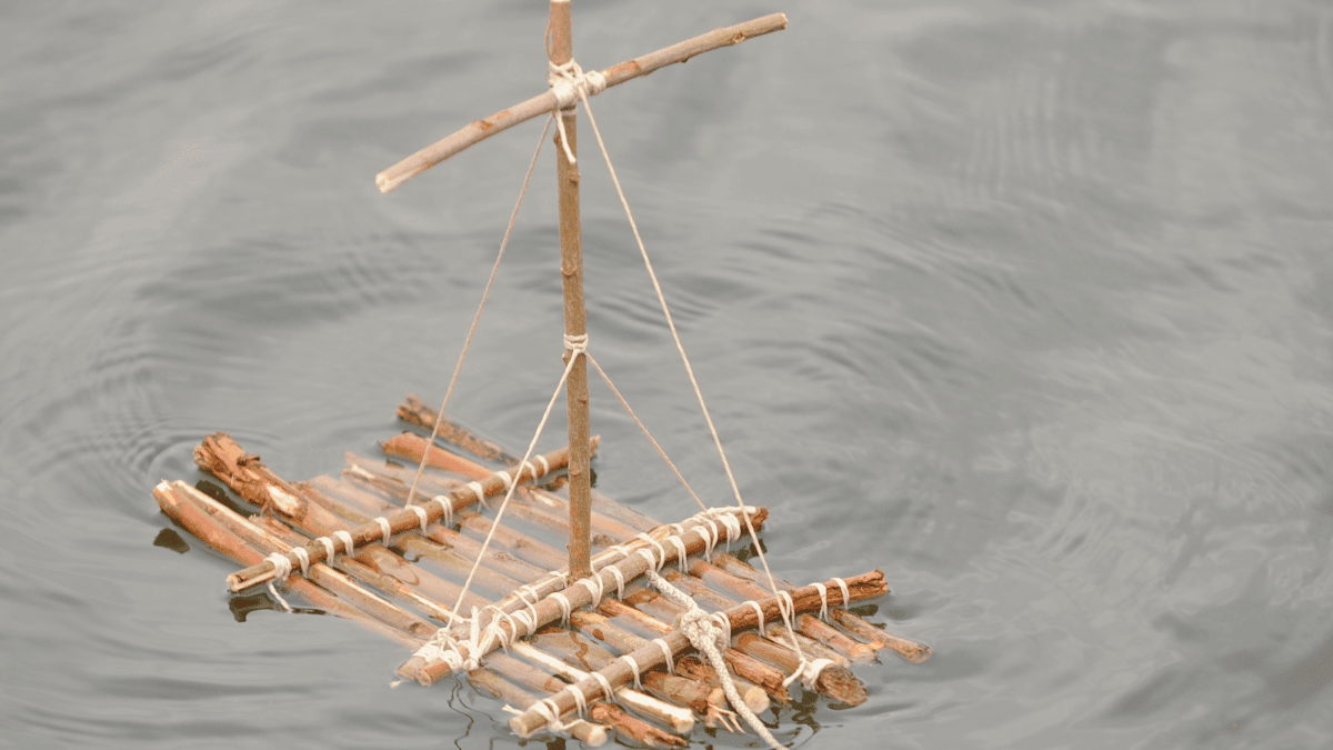 a makeshift survival raft adrift in the ocean