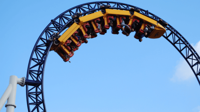 a full rollercoaster car upside down mid-loop
